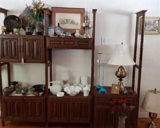 book shelves unit, pottery, milk glass, lamps