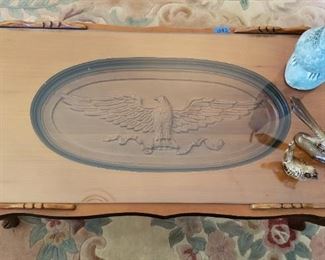 wooden coffee table with carved eagle inlay, Howard Pierce bird figurines