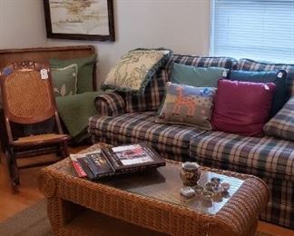 traditional plaid sofa, wicker table