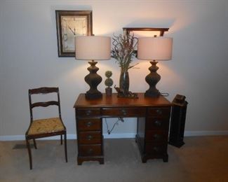 Vintage side chair & a kneehole solid wood desk/lamps accent items