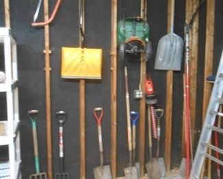 Various shovels/hand tools, seeder