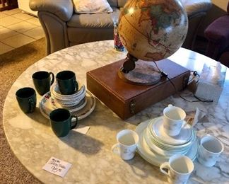 Marble coffee table, leather loveseat 