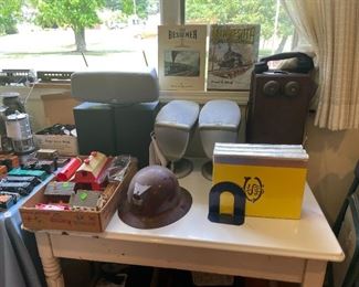 OLD WALL TELEPHONE, WAR HELMET, KLIPSCH SPEAKERS
