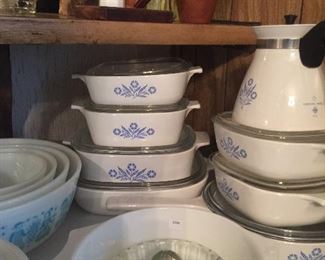 A great assortment of Cornflower by Corning, Pyrex Butterprint and other vintage Pyrex casserole dishes. 
