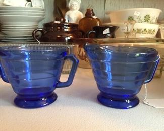 Lovely blue cream and sugar set, likely Hazel Atlas. 