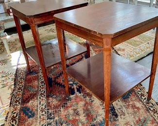 Antique Persian Rug and 2 Antique occasional end tables with wheels.