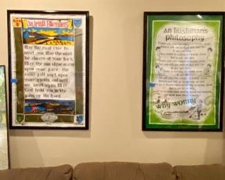2 Irish linen proverbs framed and 2 Van Gogh metallic prints.
