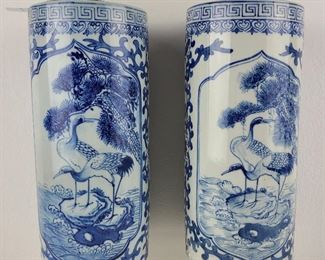 Chinese Export Republic Period Porcelain Ceramic Blue And White  Cylinder Vases with Cranes and Pine Trees. 