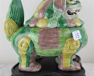 Chinese Export Porcelain Foo Dog on Stand Incense Holder With Removable Head. Famille Verte Green  , Aubergine & Yellow Enamel Color.  