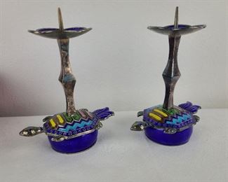 Chinese Export Enamel Turtle Candle Holders with Silver.