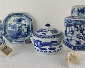 Lot of Contemporary Chinese Porcelain Tea Caddy Lidded Dish Tray and Figure  