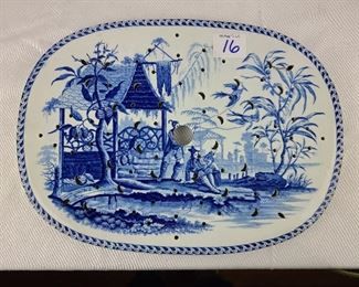 19th Century Staffordshire English Pottery Meat Strainer from Platter. Transfer Decorated with Chinoiserie Figures and Pagoda Marked DAVENPORT