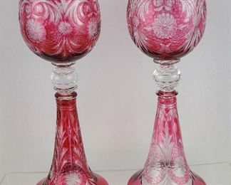 2 Victorian Crystal Cased Glass Bell Footed Goblets Possibly Webb England 