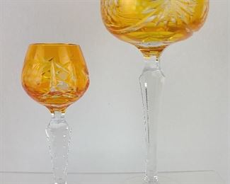 Pair Amber Tangerine Crystal Bowl Shaped Wine Goblets Nachmann 