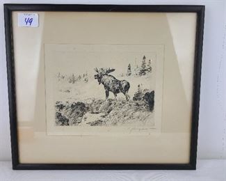 Antique Signed Artist Proof Etching Moose By Carl Runguis " Morning Mist."