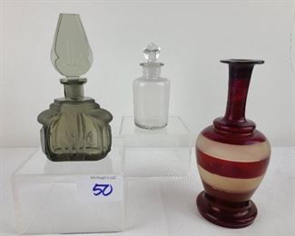 3 Perfume Bottles Art Deco Czech Gray with Original Stopper , Red Flashed Glass , Clear Bottle with Stopper 