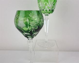 2 Antique AJKA Rillette Emerald Crystal Wine Goblets 