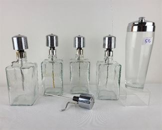 Vintage Mid Century Modern Bar Ware 4 Dispensing Decanters and Shaker  