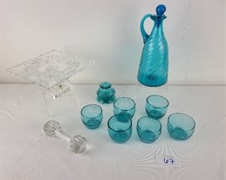 Mid Century Modern Cruet Blue with Matching Glasses Knife Rest , Tazza  
