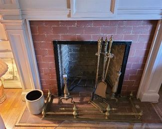 Antique Brass Fireplace Fender & Tools