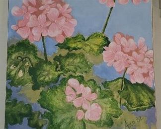 Large vintage painting by Alice of pink geraniums.  Good shape.
Measures 34 x 42"
Preview for further details/condition