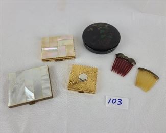 
Lady's Compacts & Art Deco Sterling Hair Clips

4 antique/vintage compacts, mother of pearl and Lanvin/Charles of the Ritz, wood enamel measures 3"

Sterling topped hair clips with bakelite combs.  

All good shape, preview for further details/condition
