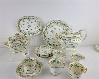 
Antique English Regency Coalport Spode Teaset

Regency period English porcelain.  Original set/not married.  Teapot has hot water cracks on the bottom, original lid, sugar bowl has original lid, no creamer, cake plate, tea pot stand, 5 cups and saucers.  Cake plate is 9"
Sold by J. Rose & Company

Preview for full condition and details
