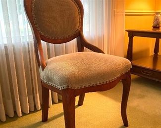 Antique Chair, carved rosette with  nice neutral Sage Green upholstery. Pristine condition
