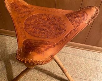 Vintage tripod fishing hunting stool with hand-tooled leather EC from Mexico