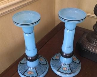 Hand painted glass candle sticks made in Czechoslovakia. Sky blue glass with floral motif. 