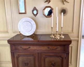 Mount Airy Furniture buffet and dining table with four cane back upholstered chairs and two leaves. This table top shines like glass. It’s been kept covered with the custom made table pads which are included. The table can be used as a 40” round or with the two leaves. The details on this set are gorgeous. Non smoking and pet home. 