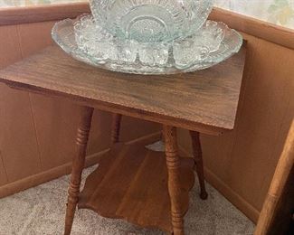 Solid Oak Square Accent Table & Nice Punch Bowl
