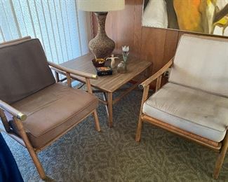 Mid Century Ficks Reed Side Chairs & Square Table, Very Cool Vintage Cork Lamp!