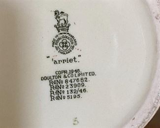 Marking on bottom of Large Royal Doulton Jug " 'arriet"