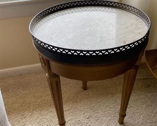 Marble Top Round Wooden Side Table with Metal Gallery