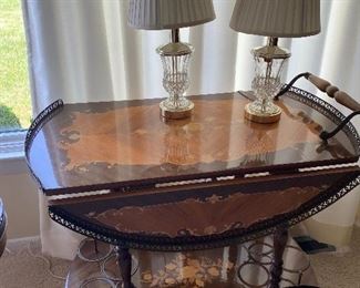 Gorgeous Inlaid Tea Cart with Metal Detail, Pair of Glass Lamps