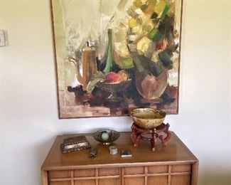 Mid Century Side Table/Cabinet, Signed Original Still Life Painting by P. Gillet