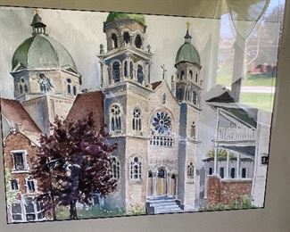 Original Local Artist Nancy Patten Watercolor of St. Adalbert's Basilica in Grand Rapids, MI