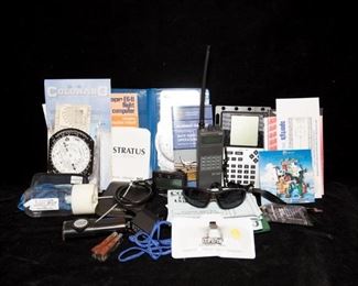 Collection of Aviation Items Including GATS jar, Training IFR, Aeronautical charts and Sportys SP-200 air band receiver