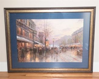 Thomas Kinkade Boulevard Lights Paris Print
Signed lower right hand corner. Believed to be numbered but unreadable. Gold foil mark.
Visible 20"H x 26"W.  Framed O.D. 30.5"H x 34.5"W