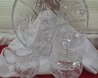 Cut Glass Sugar and Creamer with Footed Cake Plate