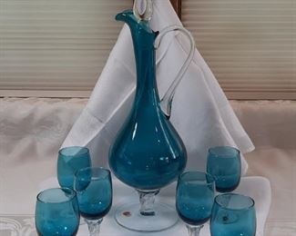 Peacock Blue Decanter and Glasses from Italy