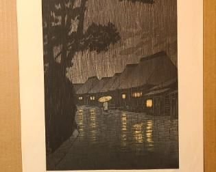 Rainy Night at Maekawa by Hasui