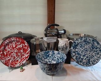 Sunbeam Mixer with Vintage Biscuit Jar, Stockpots, and Spode Pitcher