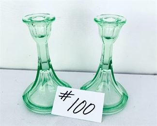Pair of green Vaseline (not uranium) candlesticks  6.5” t.  $32