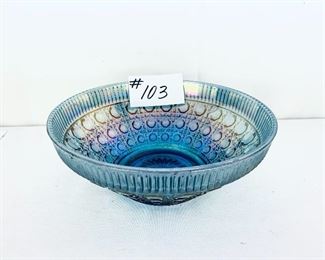 Blue carnival glass pressed bowl. 
10.5”w.   $45