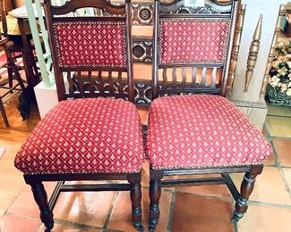 Pair of antique chairs on casters 
19”w 37.5 “t 19” seat height.  $225