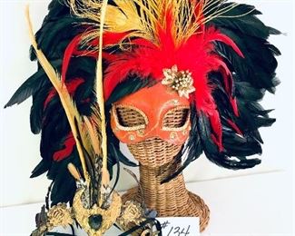 Lot. Mask and headdress ( vintage) 
Wicker stand not for sale. 
Lot price $49