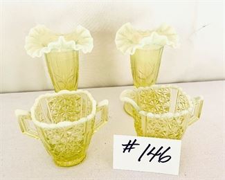 Yellow Vaseline URANIUM glass 
A- vases $99
B- cream and sugar $55