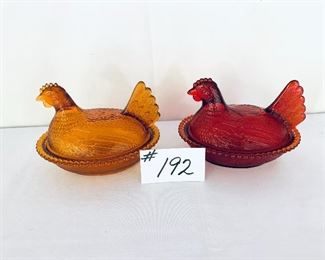 Two glass chicken.  7” L.  $30
Some color loss on red chicken. 